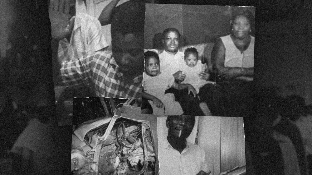 Photo collage: Images of a Wharlest Jackson Sr, Wharlest Jackson Sr's family, Wharlest Jackson Sr's mangled truck, and James Jackson against an image of  background.