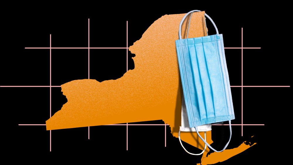 Photo illustration: Unused masks hanging onto the state map of New York.