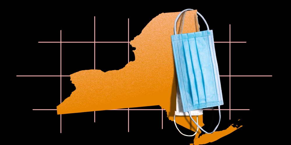 Photo illustration: Unused masks hanging onto the state map of New York.