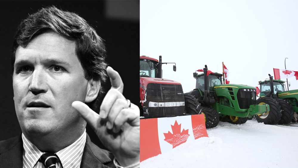 Photo composite: An image of Tucker Carlson next to an image of tractors lined up at the U.S.- Canada border.