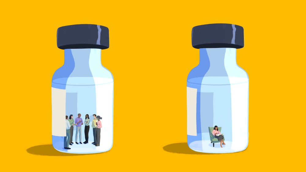 Image of two vaccine bottles, one with a group of people socializing inside and one with a person sitting in an armchair reading a book.