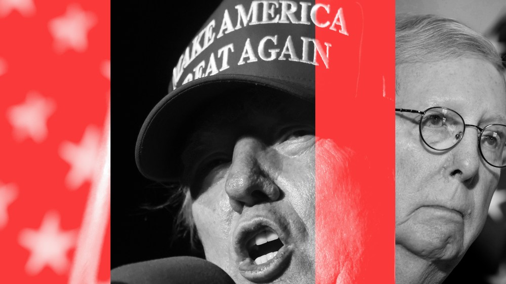 Photo illustration: Image of the Donald Trump speaking with a hat on that reads,"Make America Great Again" and an image of Mitch McConnell.