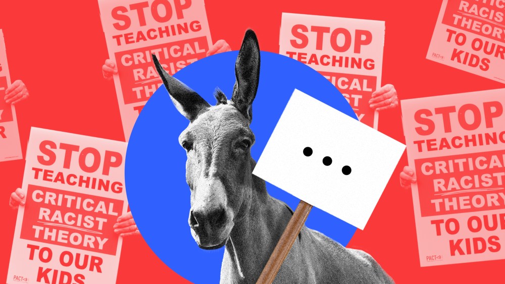 Photo illustration: A donkey holding a blank sign with three dots on it against a red background with multiple signs that read,"Stop teaching Critical Racist Theory to our kids".