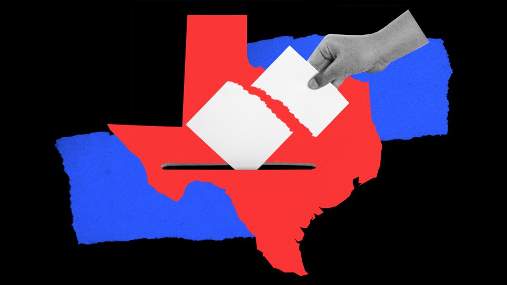 Photo illustration: A hand putting a torn ballot into a the map of Texas.