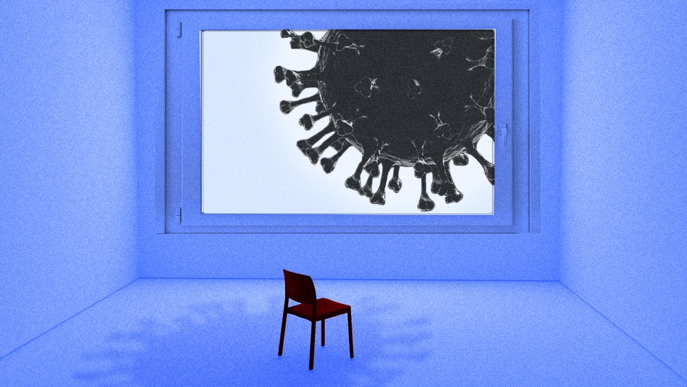 Photo illustration: A Covid-19 spore outside the window of a room with an isolated chair in it.