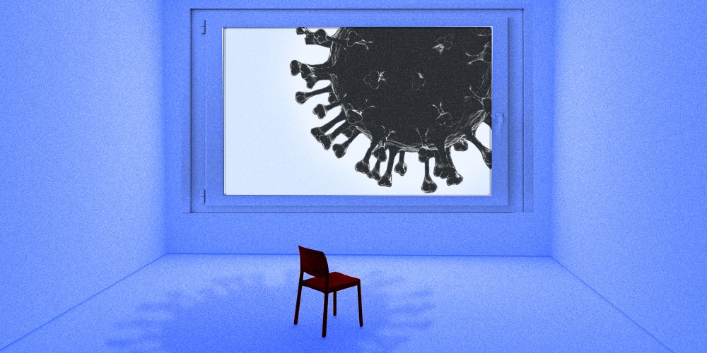 Photo illustration: A Covid-19 spore outside the window of a room with an isolated chair in it.