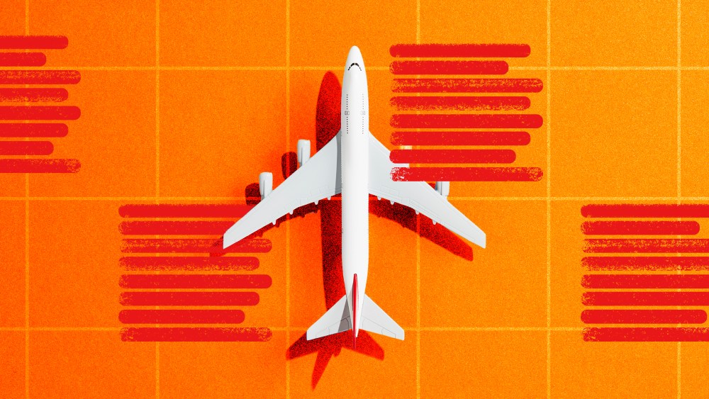 Photo illustration: A toy airplane with red colored highlighted lists on a grid above it.