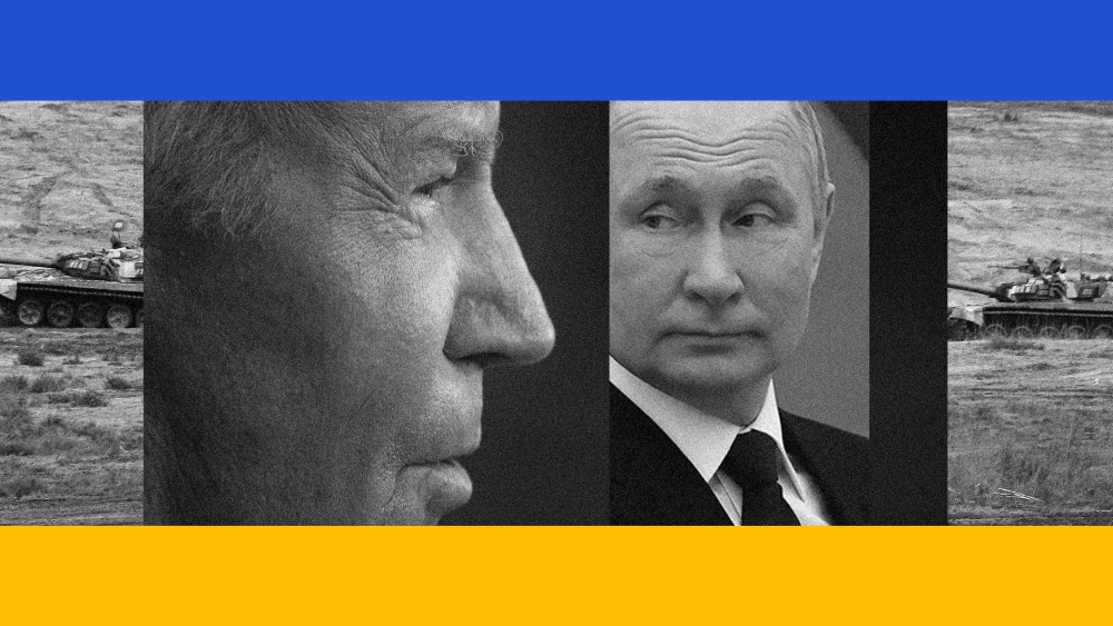 Photo illustration: Image of tanks moving, Joe Biden and Vladimir Putin between blue and yellow strips of color.
