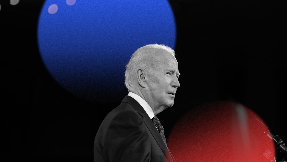 Photo illustration: A blue and red lens flare above an image of Joe Biden speaking.