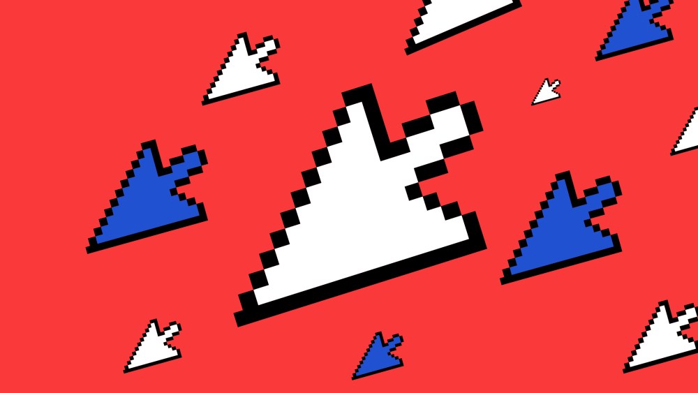 Illustration: Mutiple white and blue cursors flying in from the top right.