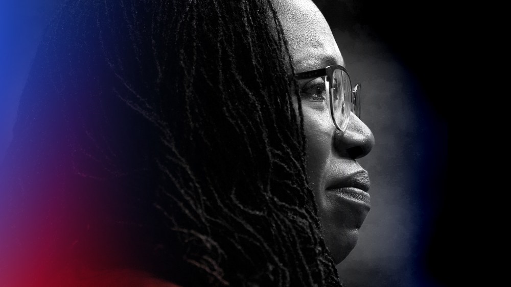 Photo illustration: Side profile of Ketanji Brown Jackson with blue and red color overlays.