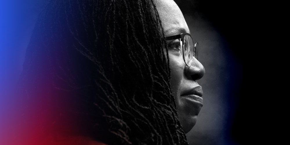 Photo illustration: Side profile of Ketanji Brown Jackson with blue and red color overlays.