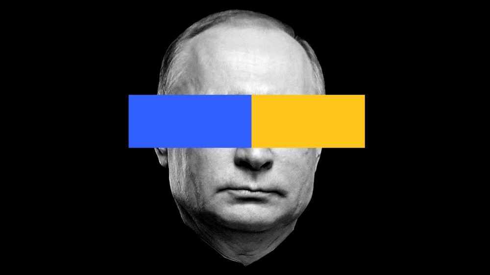 Photo illustration: A blue and yellow colored block covering Vladimir Putin's eyes.