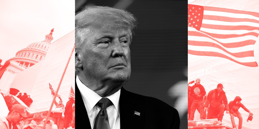 Photo collage: Image of rioters holding up an American flag outside the U.S. Capitol and the image of John Eastman in the middle.