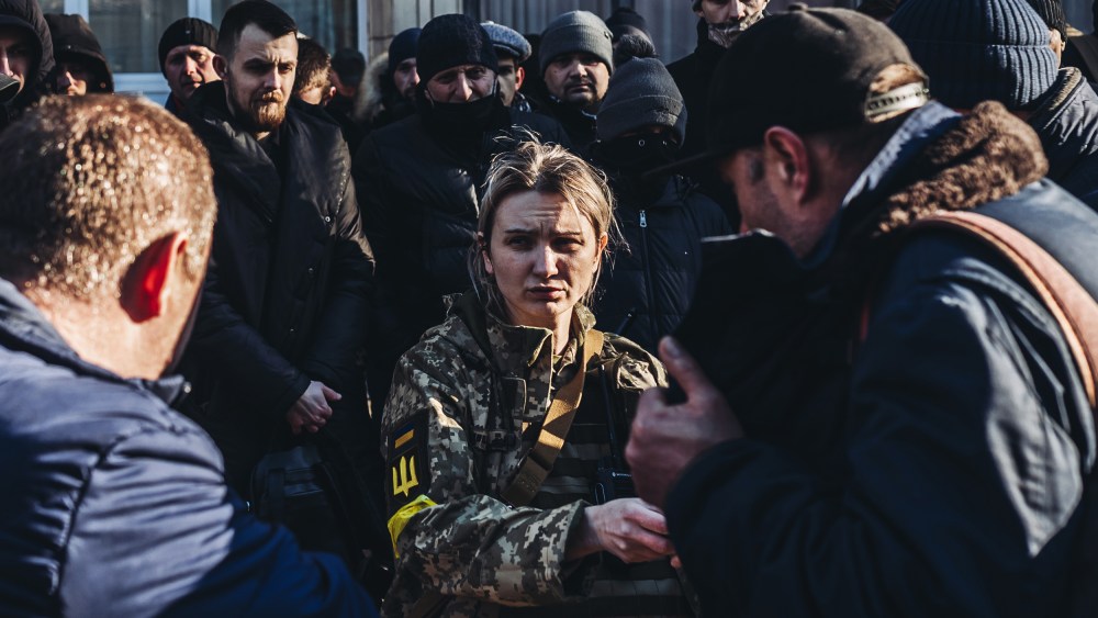Volunteers come to register to take part in the defense of Kyiv on Feb. 28, 2022.