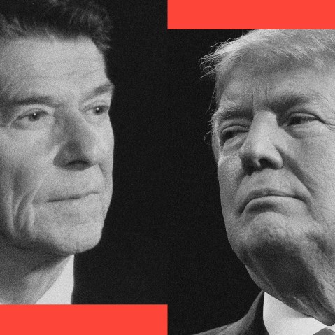 Photo illustration of Presidents Ronald Reagan and Donald Trump.