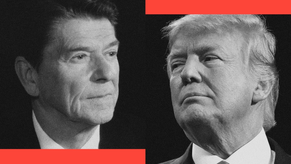 Photo illustration of Presidents Ronald Reagan and Donald Trump.