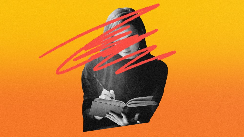 Photo illustration of a college student writing in a book with red scribbles over her face.