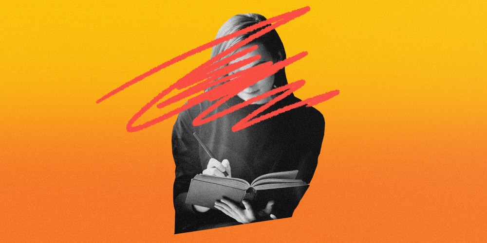 Photo illustration of a college student writing in a book with red scribbles over her face.