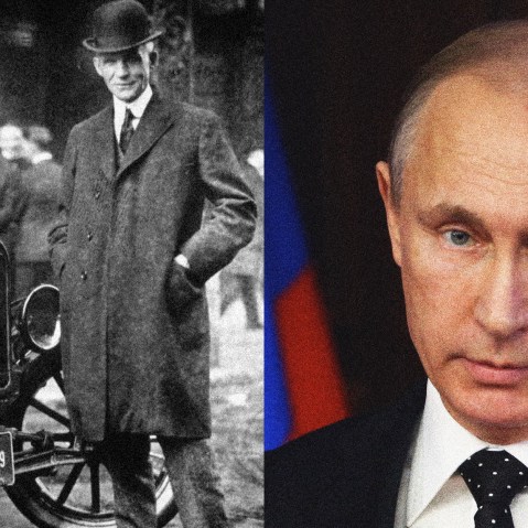 Photo illustration of Henry Ford with the Model T car and Russian President Vladimir Putin.