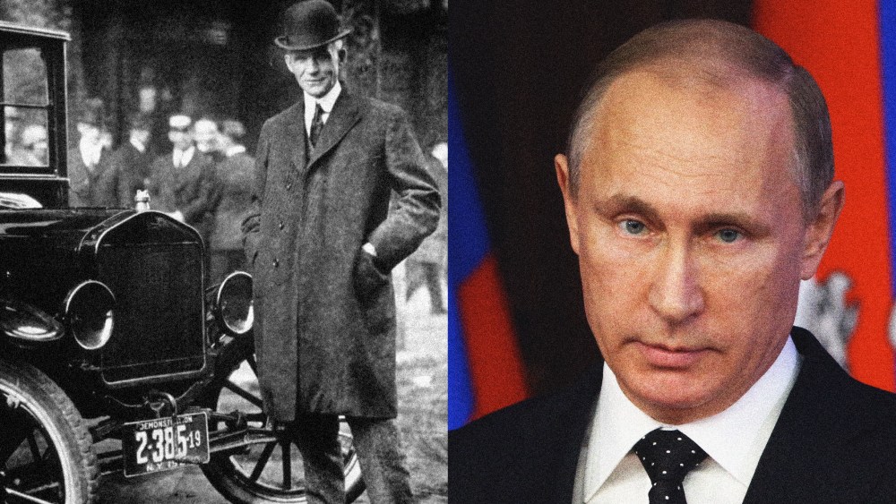 Photo illustration of Henry Ford with the Model T car and Russian President Vladimir Putin.