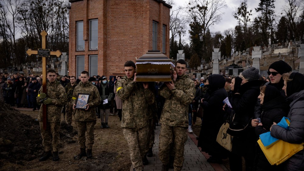 Image: A funeral service for two Ukrainian soldiers in Lviv on March 8, 2022.