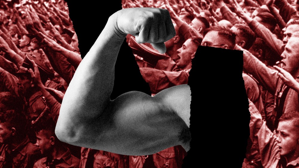 Photo illustration of a man flexing his arm and bicep and far-right extremists raising their right hands.