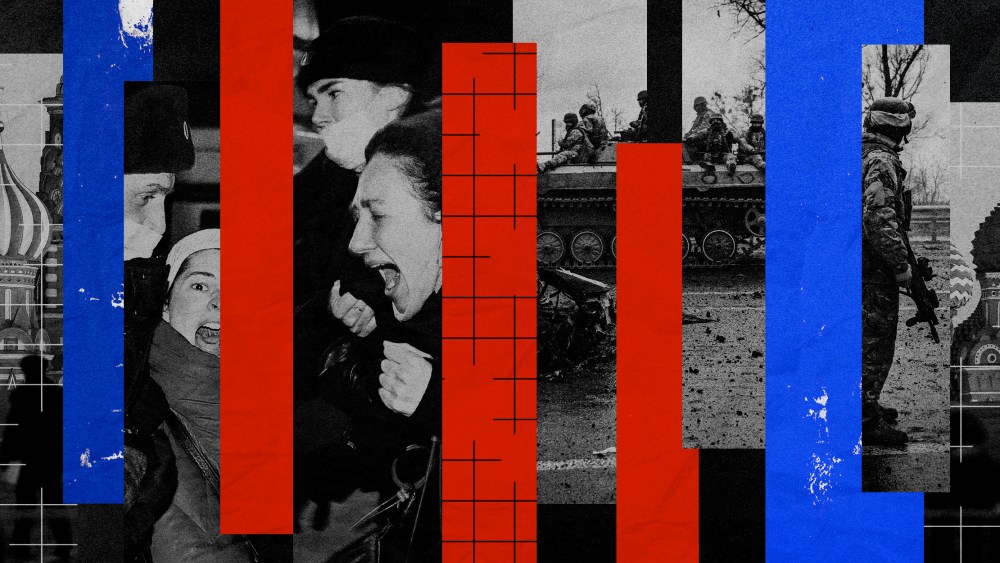 Photo illustration of Russian protestors against the war in Ukraine being arrested, scenes in Moscow, and Ukrainian soldiers in a tank.