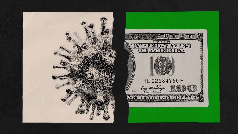 Photo illustration of two torn pieces of paper showing a Covid-19 spore and a $100 dollar bill.
