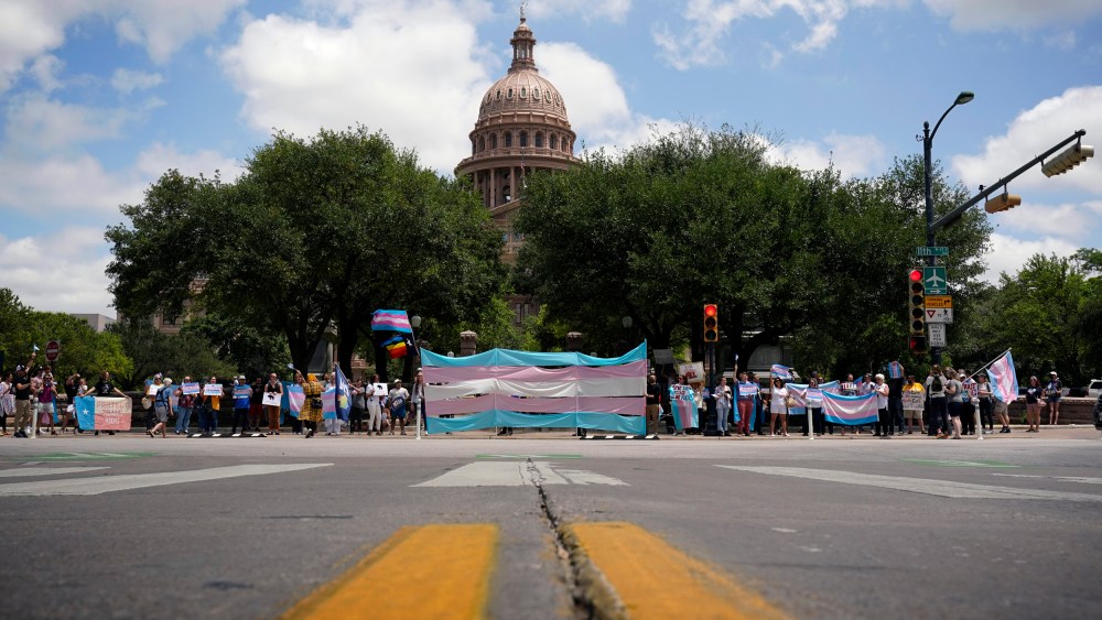 Image: Demonstrators gather at the Texas State Capitol to protest legislation limiting the rights of transgender people in Austin in 2021.
