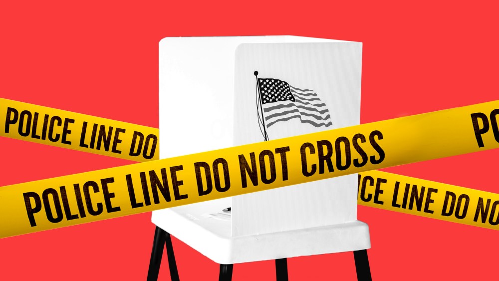 Photo illustration: Yellow tapes that read,"Police line do not cross" around a voting booth.