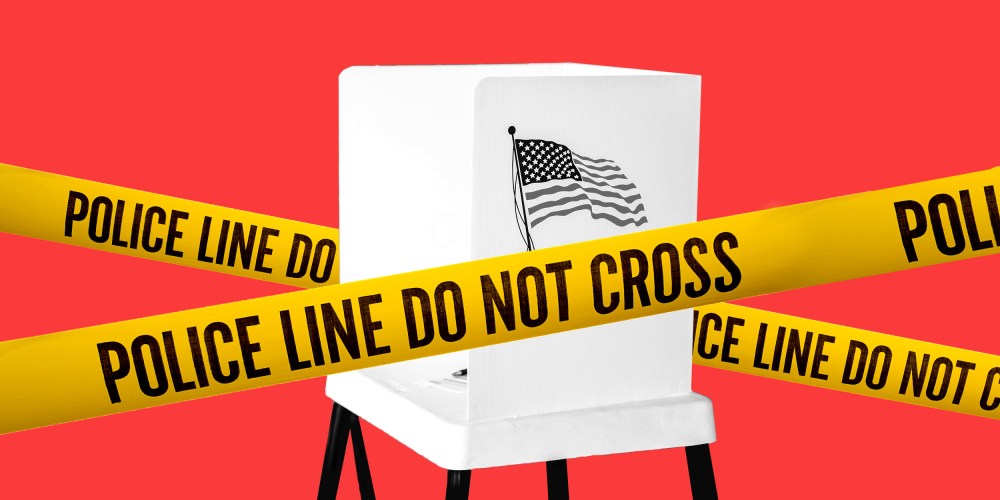 Photo illustration: Yellow tapes that read,"Police line do not cross" around a voting booth.