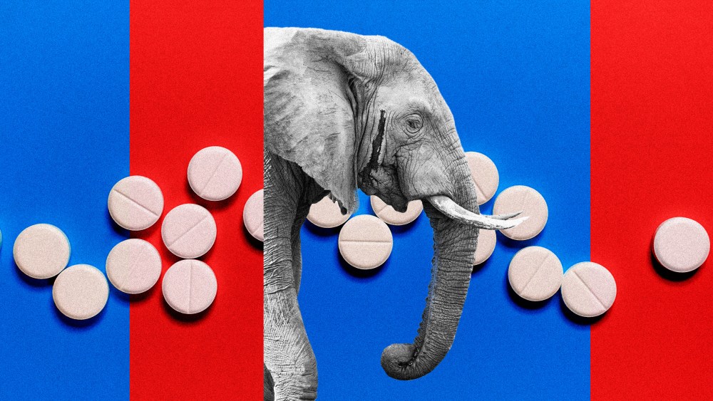 Photo illustration: Red strips over pills and partial view of an elephant walking in the middle.