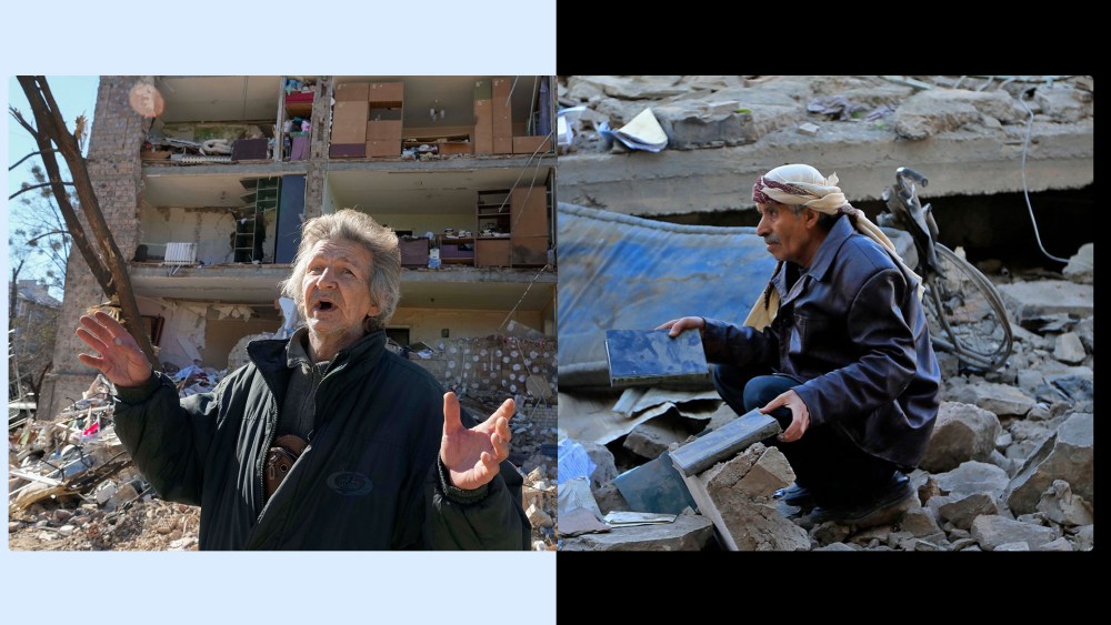 Photo collage: An image of a man standing near his house ruined after Russian shelling in Kyiv, Ukraine next to an image of a man inspecting the damage following overnight air strikes by the Saudi-led coalition in Sanaa, Yemen.