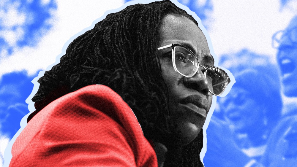 Photo collage: An cutout image of Ketanji Brown Jackson against a blue background of African-American women cheering at a rally.