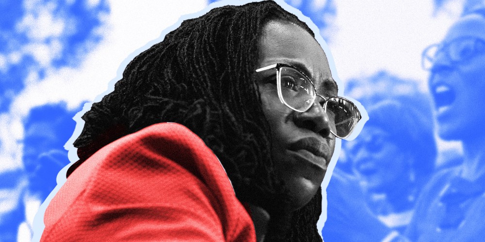 Photo collage: An cutout image of Ketanji Brown Jackson against a blue background of African-American women cheering at a rally.