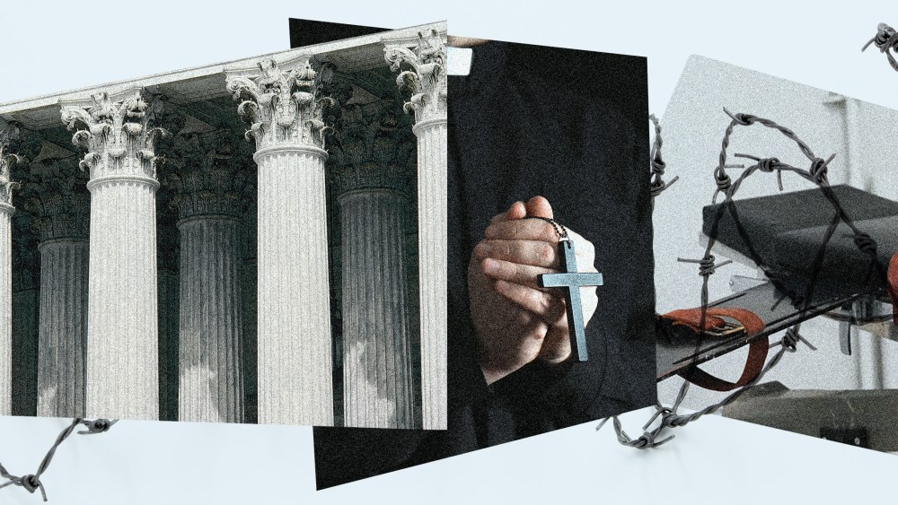 Photo illustration: Fragments showing images of Supreme Court pillars, a hand holding a cross and part of a gurney in a death chamber.