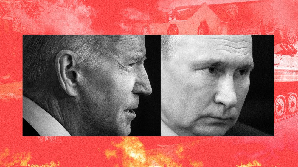 Photo collage: Images of Joe Biden and Vladimir Putin against a red background showing smoke, burning buildings and wheels of a tank.