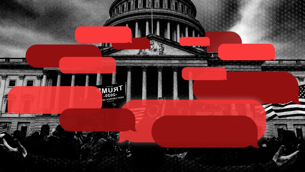 Photo illustration: Red text message bubbles over an image of the U.S. Capitol on January 6, 2021.