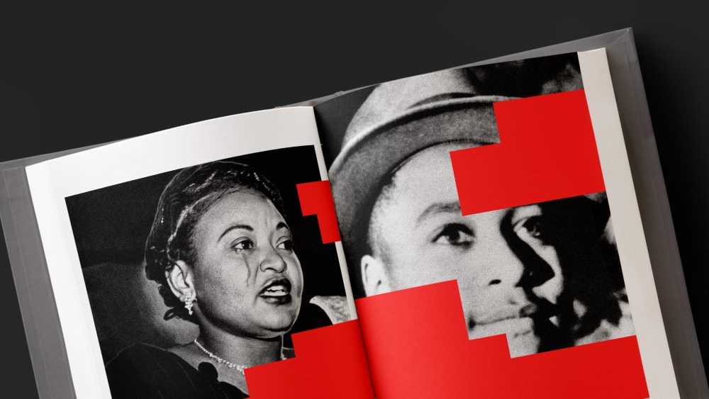 Photo illustration: Patches of red color cover pages of an open book that has an image of Mamie Bradley, mother of lynched teenager Emmett Till, crying on the left page and Emmett Till's portrait on the right page.