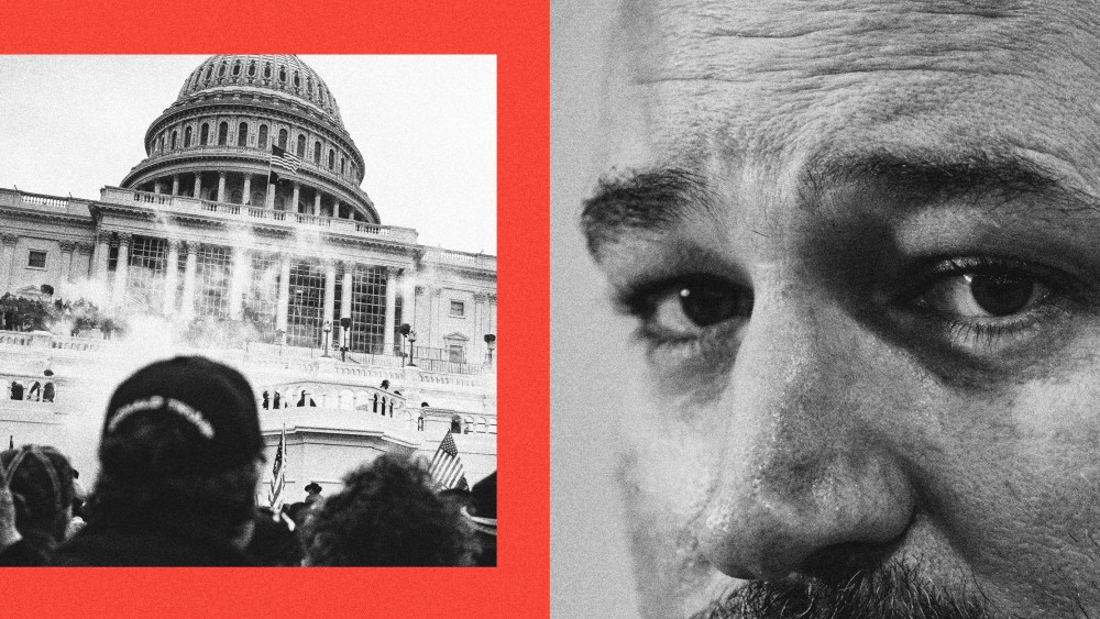 Photo illustration of rioters at the Capitol on Jan. 6, 2021 and Sen. Ted Cruz.