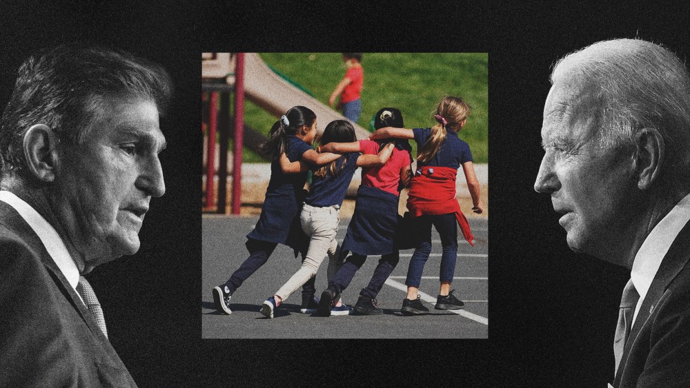 Photo Illustration of Sen. Joe Manchin, children at a playground and President Joe Biden.
