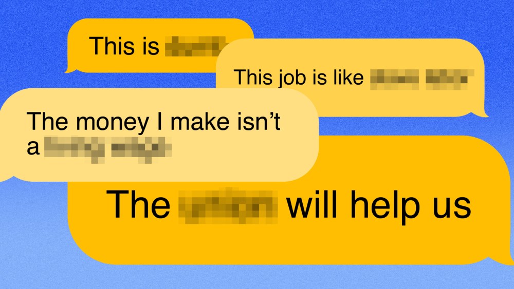 Illustration of text bubbles with blurred out words like "union" and "slave labor" and "dumb."