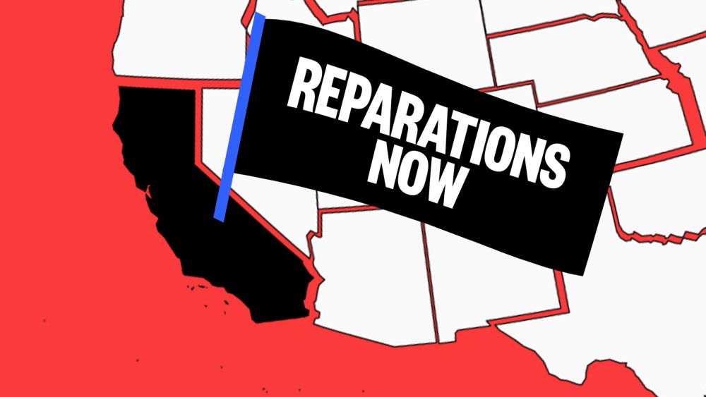 Illustration: On the state map of the United States of America, a flag is sticking out of California that reads,"Reparations now".