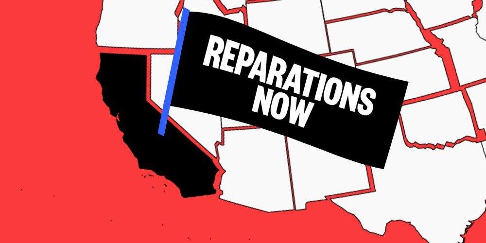 Illustration: On the state map of the United States of America, a flag is sticking out of California that reads,"Reparations now".
