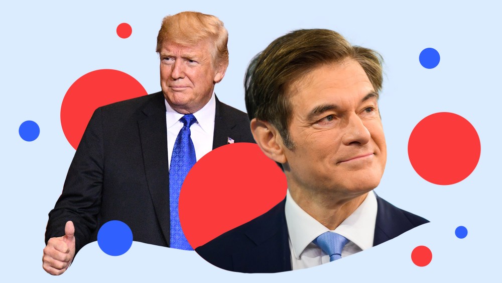 Photo illustration: Image of Donald Trump giving a thumbs up next to an image of Dr. Mehmet Oz.