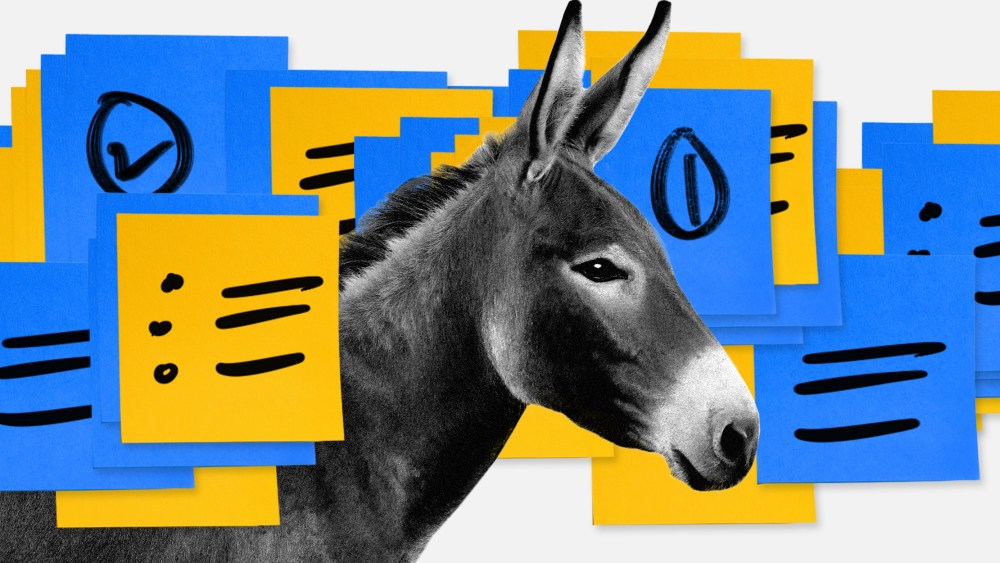 Photo illustration: A close-up of a donkey surrounded by blue and yellow colored post-it notes which have lists and scribbles on them.