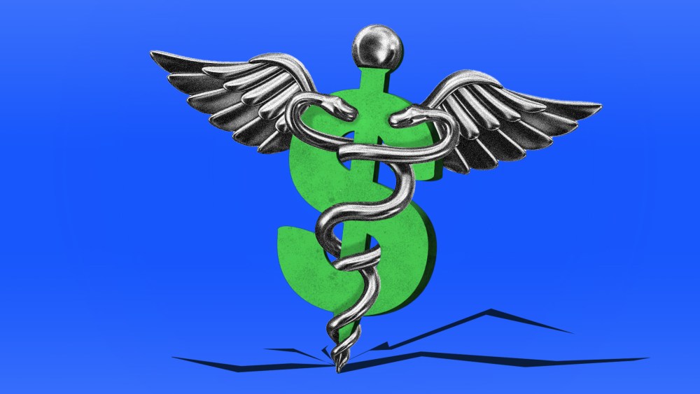 Photo illustration: A dollar symbol with wings and two serpents entwined along its vertical bar making a crack on the floor.