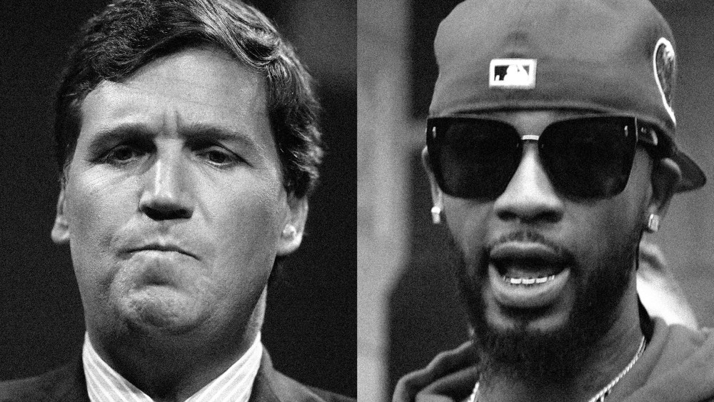 Diptych with images of Tucker Carlson and Christian Smalls.