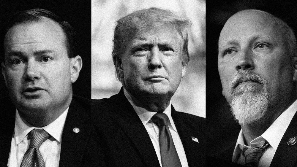 Triptych with images of Mike Lee, Donald Trump and Chip Roy.
